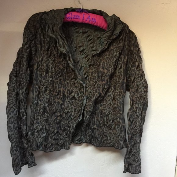 Beluva San Francisco Animal Print Crinkle Cardigan Sweater Brown/Tan Lightweight - Picture 1 of 5